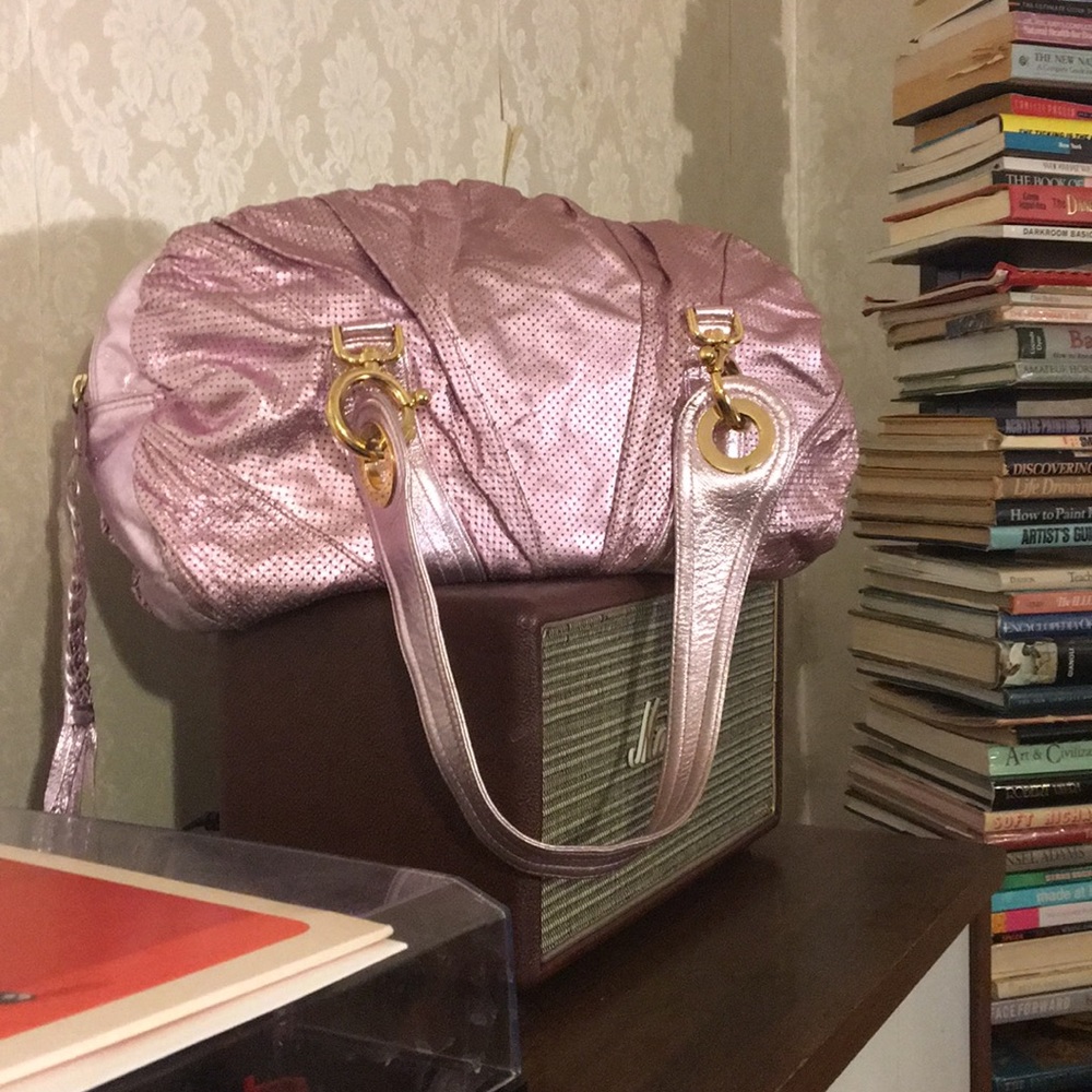 Metallic PINK perforated leather GoldenBleu bag
